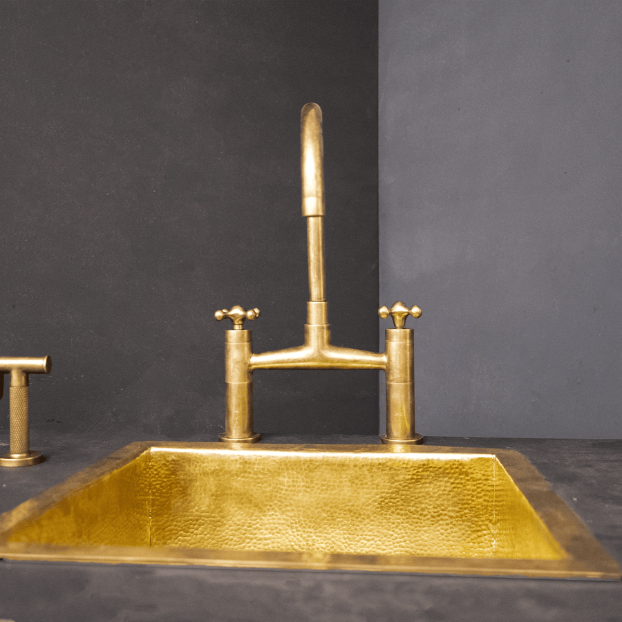 Bridge Kitchen Faucet with Simple Cross Handles, Brass Faucet with customizable spout reach and length Unlacquered Brass Kitchen Bridge Faucet With Sprayer & Cross Handles