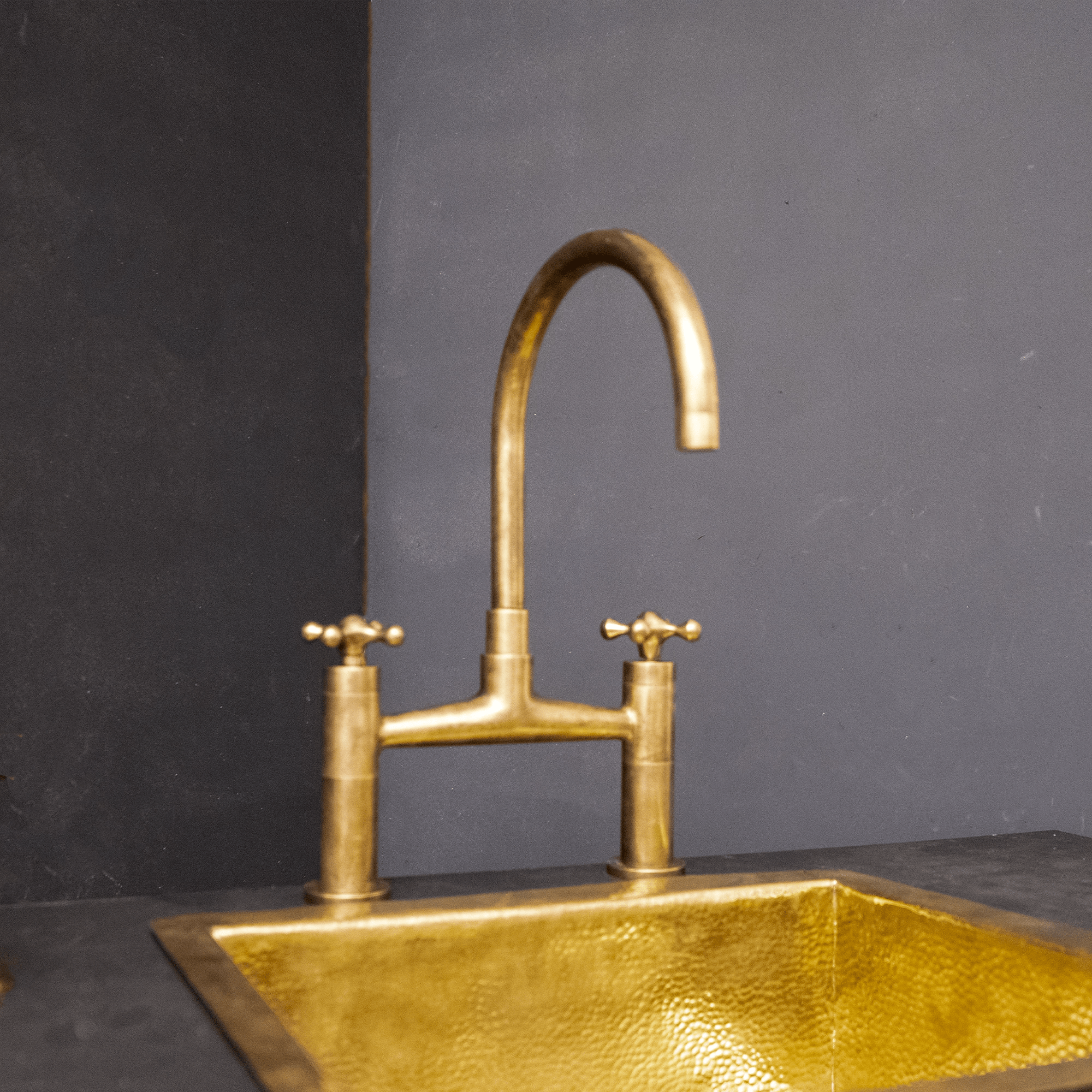 Unlacquered Brass Kitchen Faucet - Never Plated | Brassna The Cross Sprayer Bridge