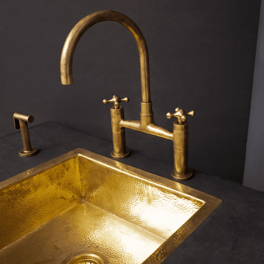Bridge Kitchen Faucet with Simple Cross Handles, Brass Faucet with customizable spout reach and length Unlacquered Brass Kitchen Bridge Faucet With Sprayer & Cross Handles