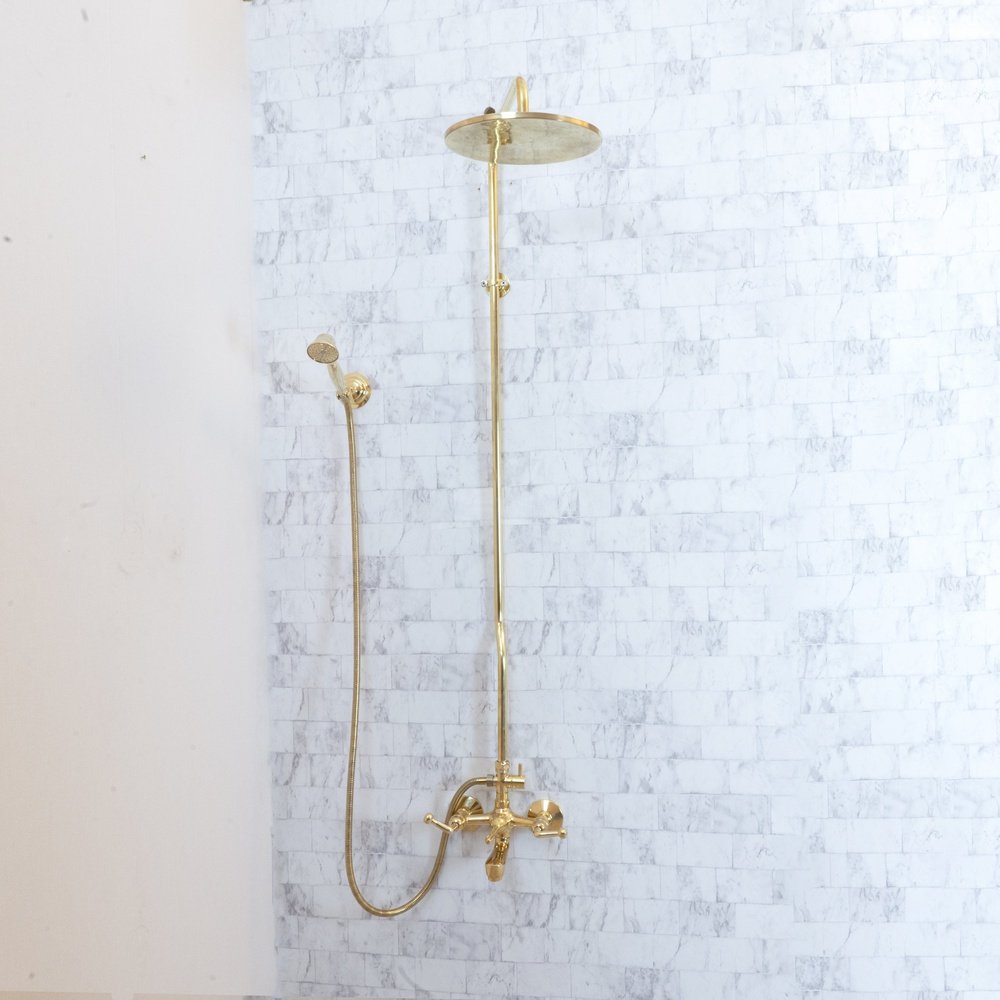 Unlacquered Brass Shower Set With tub filler, Handheld and Head Shower - Brassna