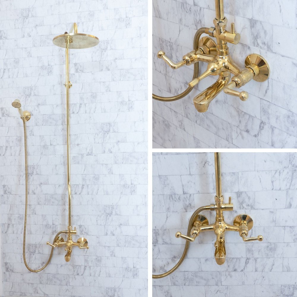 Unlacquered Brass Wall Mount Tub Filler with Handheld Shower