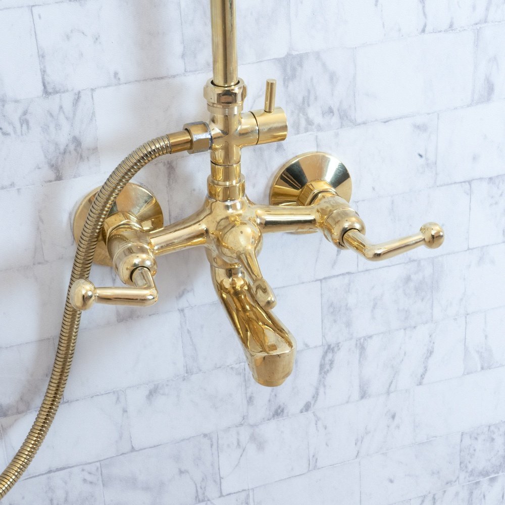 Unlacquered Brass Shower Set With tub filler, Handheld and Head Shower - Brassna