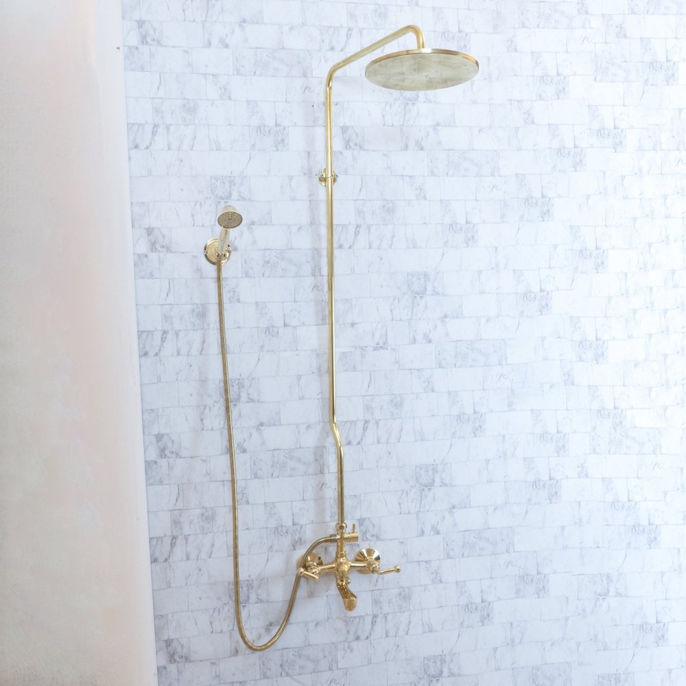 Unlacquered Brass Shower Set With tub filler, Handheld and Head Shower - Brassna