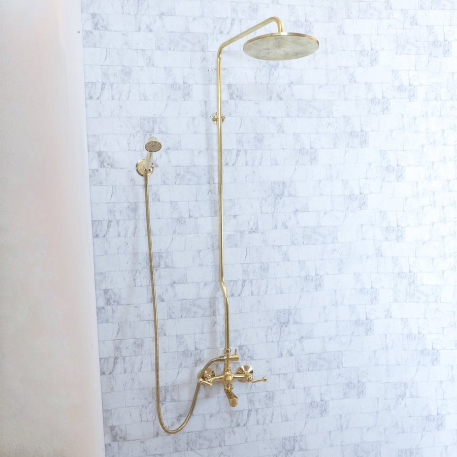 Unlacquered brass shower tub filler, Handheld And Head Shower Shower Set VintageLine Shower Set