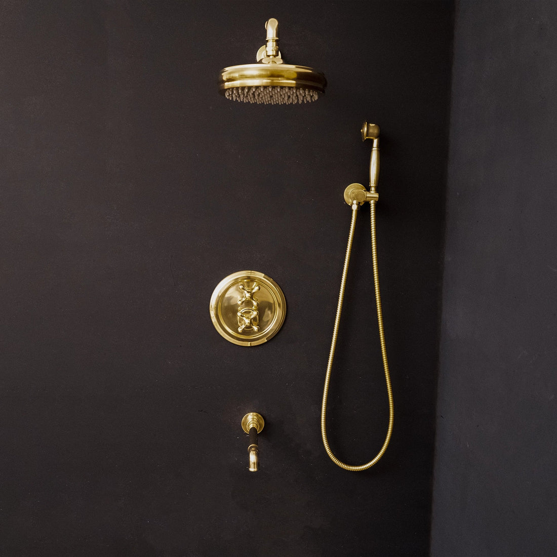 Unlacquered Brass Thermostatic Shower Set with Simple Cross Handles - Brassna