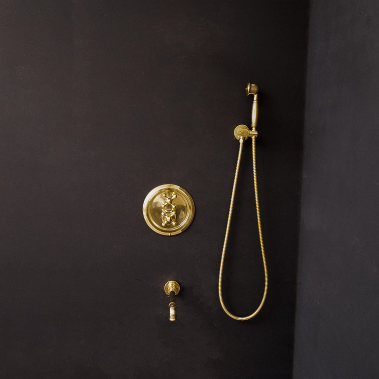 Antique Brass Concealed Shower Head With Arm And Hand Shower Twireza Thermostatic Shower SP