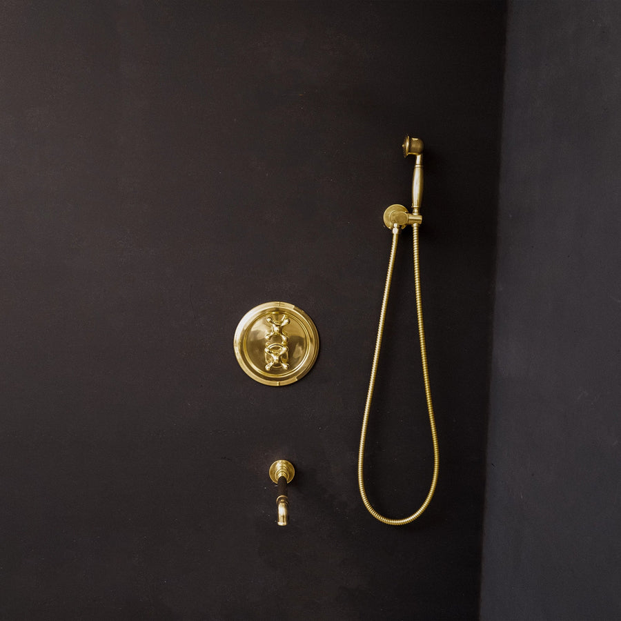 Unlacquered Brass Thermostatic Shower Set with Simple Cross Handles - Brassna