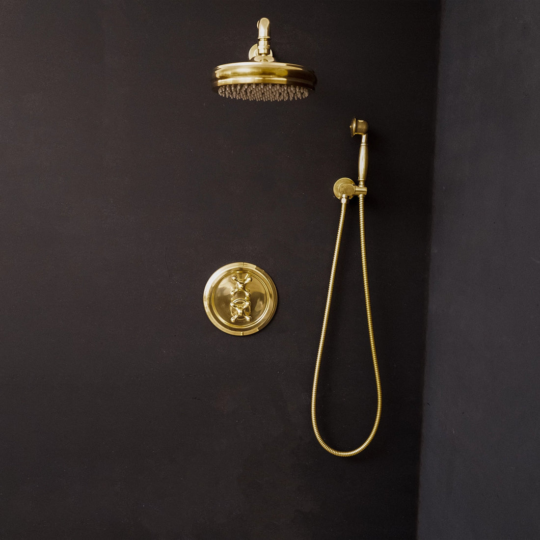 Unlacquered Brass Thermostatic Shower Set with Simple Cross Handles - Brassna