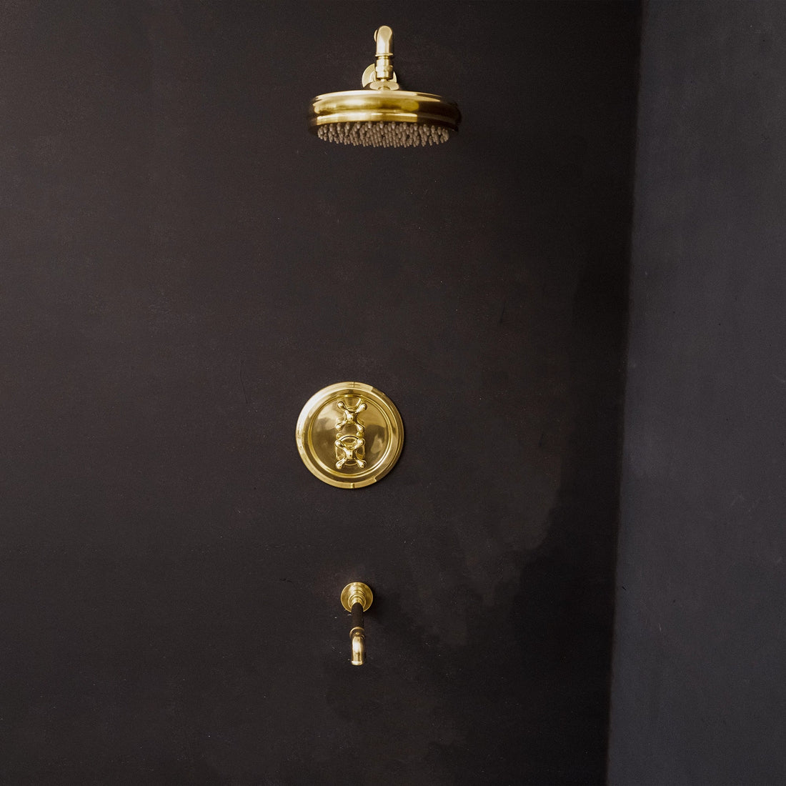 Unlacquered Brass Thermostatic Shower Set with Simple Cross Handles - Brassna