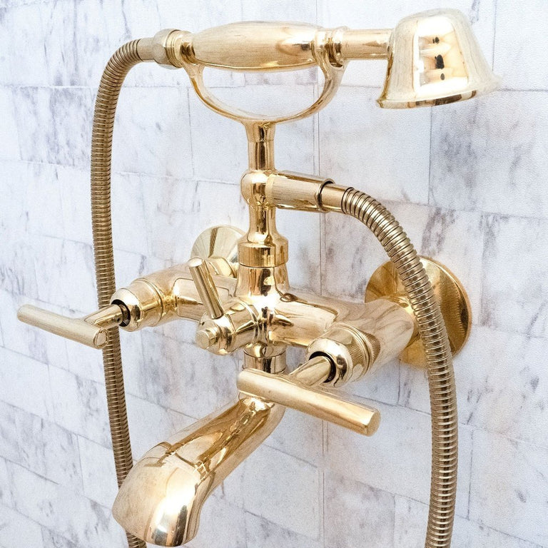 Unlacquered Brass Wall Mount Bath Tub Filler, Brass Bathroom Wall Mounted Bathtub Faucet With Telephone Hand Shower Unlacquered Brass Bath Tub Filler