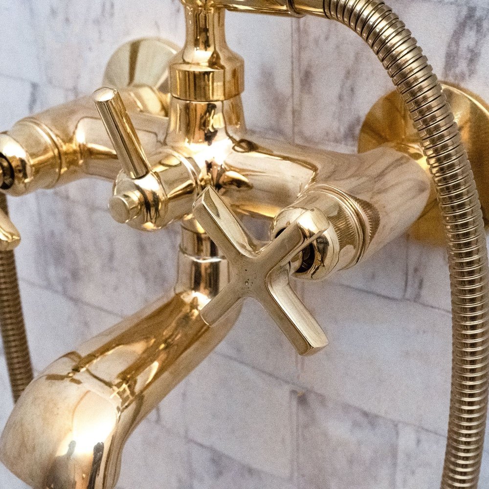 Unlacquered Brass Wall Mount Bath Tub Filler, Brass Bathroom Wall Mounted Bathtub Faucet With Telephone Hand Shower Unlacquered Brass Bath Tub Filler