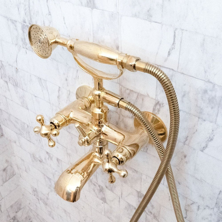 Unlacquered Brass Wall Mount Bath Tub Filler, Brass Bathroom Wall Mounted Bathtub Faucet With Telephone Hand Shower Unlacquered Brass Bath Tub Filler