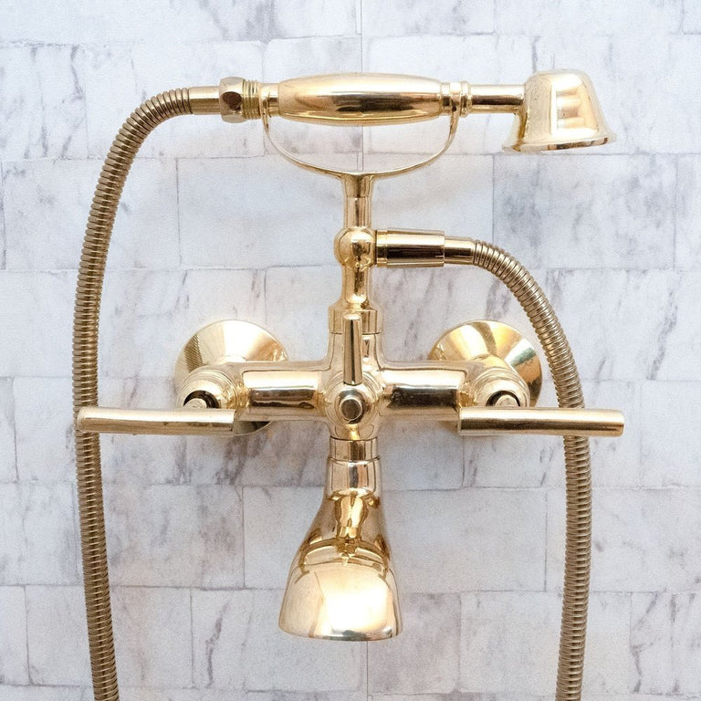 Unlacquered Brass Wall Mount Bath Tub Filler, Brass Bathroom Wall Mounted Bathtub Faucet With Telephone Hand Shower Allo Brass Bath Tub Filler SP