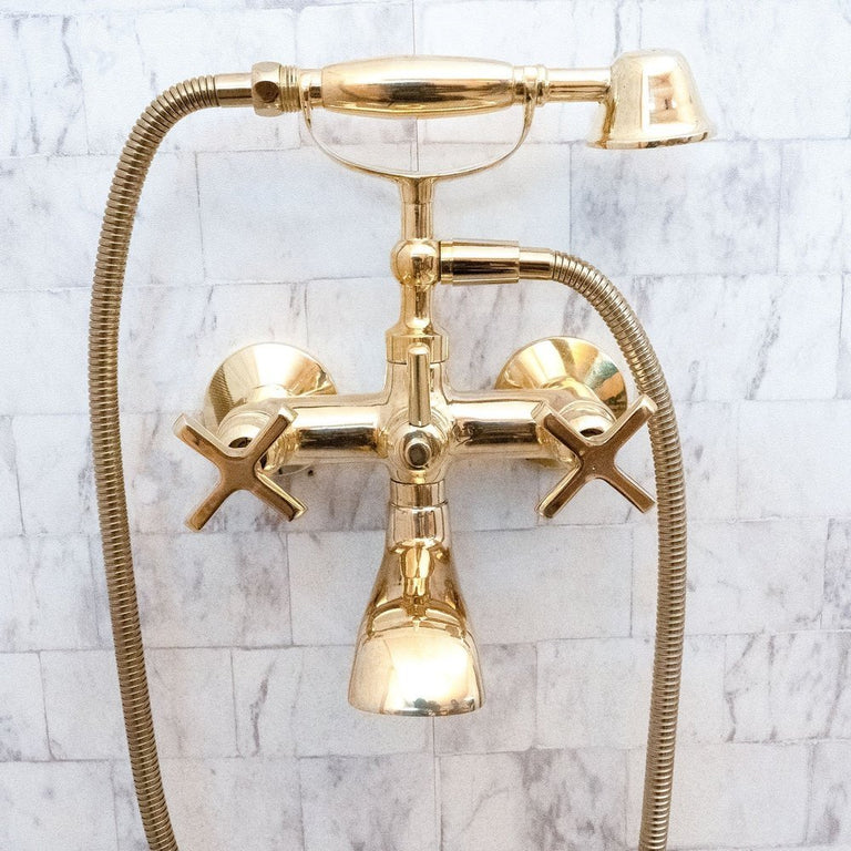 Unlacquered Brass Wall Mount Bath Tub Filler, Brass Bathroom Wall Mounted Bathtub Faucet With Telephone Hand Shower Allo Brass Bath Tub Filler SP