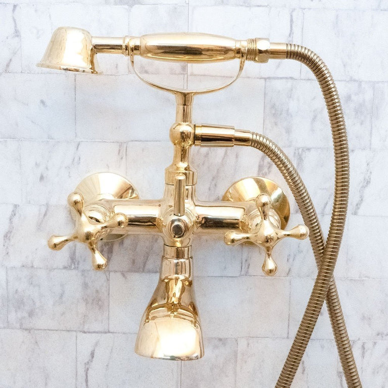 Unlacquered Brass Wall Mount Bath Tub Filler, Brass Bathroom Wall Mounted Bathtub Faucet With Telephone Hand Shower Allo Brass Bath Tub Filler SP