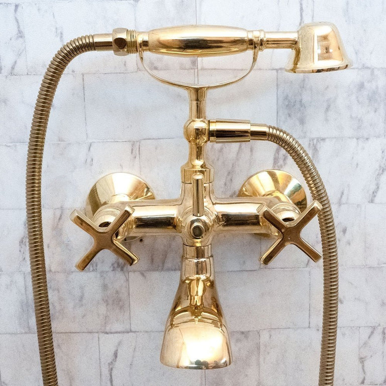Unlacquered Brass Wall Mount Bath Tub Filler, Brass Bathroom Wall Mounted Bathtub Faucet With Telephone Hand Shower Unlacquered Brass Bath Tub Filler