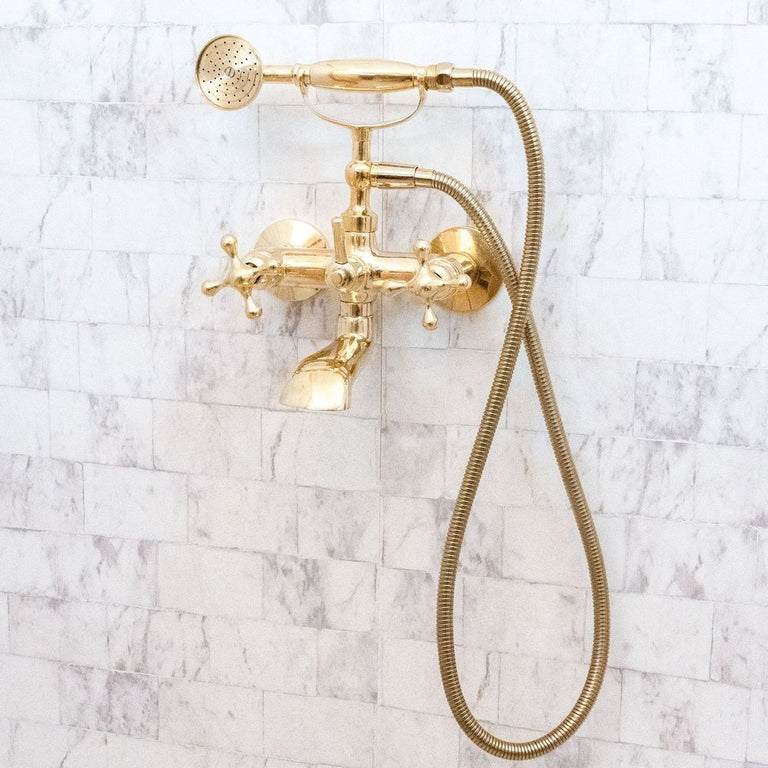 Unlacquered Brass Wall Mount Bath Tub Filler, Brass Bathroom Wall Mounted Bathtub Faucet With Telephone Hand Shower Unlacquered Brass Bath Tub Filler