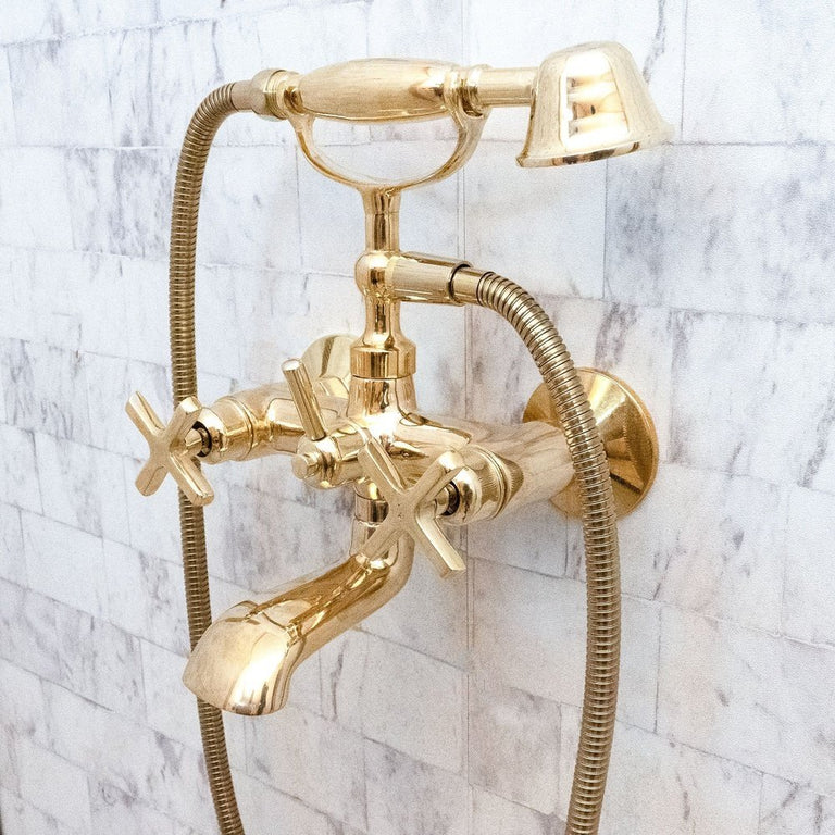 Unlacquered Brass Wall Mount Bath Tub Filler, Brass Bathroom Wall Mounted Bathtub Faucet With Telephone Hand Shower Allo Brass Bath Tub Filler SP