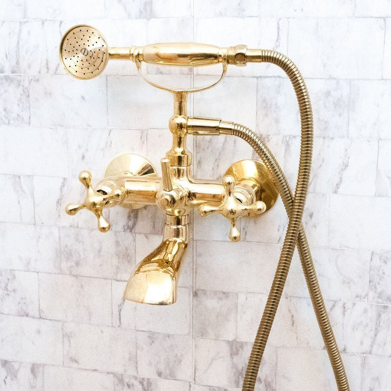 Unlacquered Brass Wall Mount Bath Tub Filler, Brass Bathroom Wall Mounted Bathtub Faucet With Telephone Hand Shower Allo Brass Bath Tub Filler SP