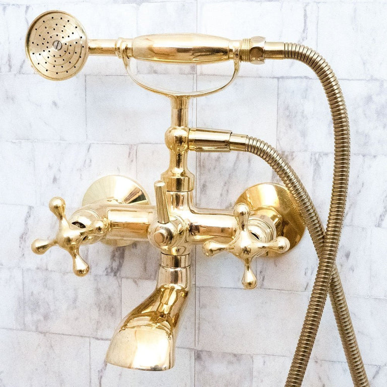 Unlacquered Brass Wall Mount Bath Tub Filler, Brass Bathroom Wall Mounted Bathtub Faucet With Telephone Hand Shower Allo Brass Bath Tub Filler SP