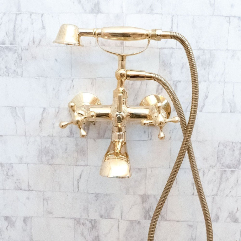 Unlacquered Brass Wall Mount Bath Tub Filler, Brass Bathroom Wall Mounted Bathtub Faucet With Telephone Hand Shower Allo Brass Bath Tub Filler SP