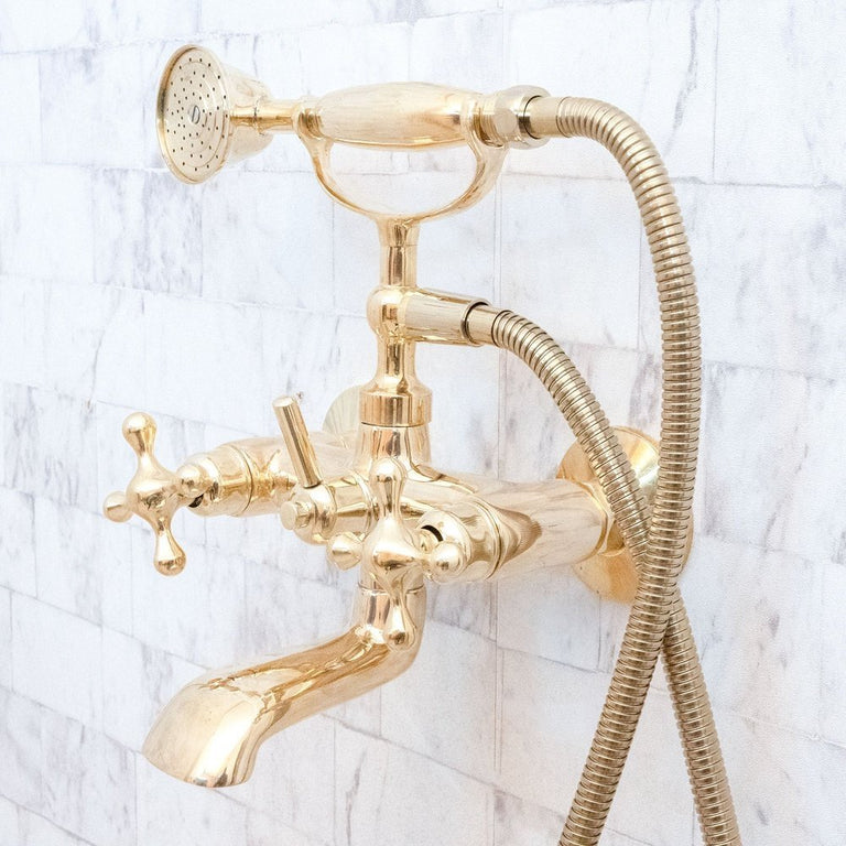 Unlacquered Brass Wall Mount Bath Tub Filler, Brass Bathroom Wall Mounted Bathtub Faucet With Telephone Hand Shower Allo Brass Bath Tub Filler SP