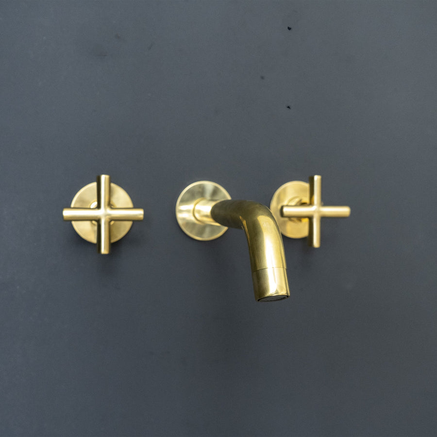 Unlacquered Brass Wall Mounted Faucet For Kitchen And Bathroom, Handcrafted Wall Mounted Faucet With Corss Handles Aqualux Bathroom Faucet