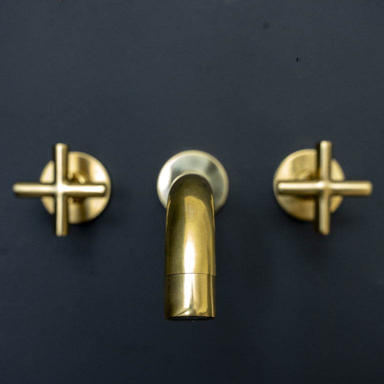 Unlacquered Brass Wall Mounted Faucet For Kitchen And Bathroom, Handcrafted Wall Mounted Faucet With Corss Handles Kred Wall Mounted Faucet