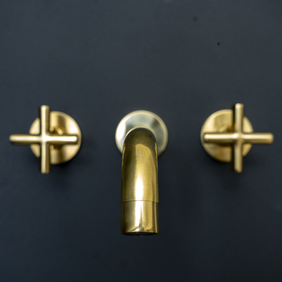 Unlacquered Brass Wall Mounted Faucet For Kitchen And Bathroom, Handcrafted Wall Mounted Faucet With Corss Handles Aqualux Bathroom Faucet