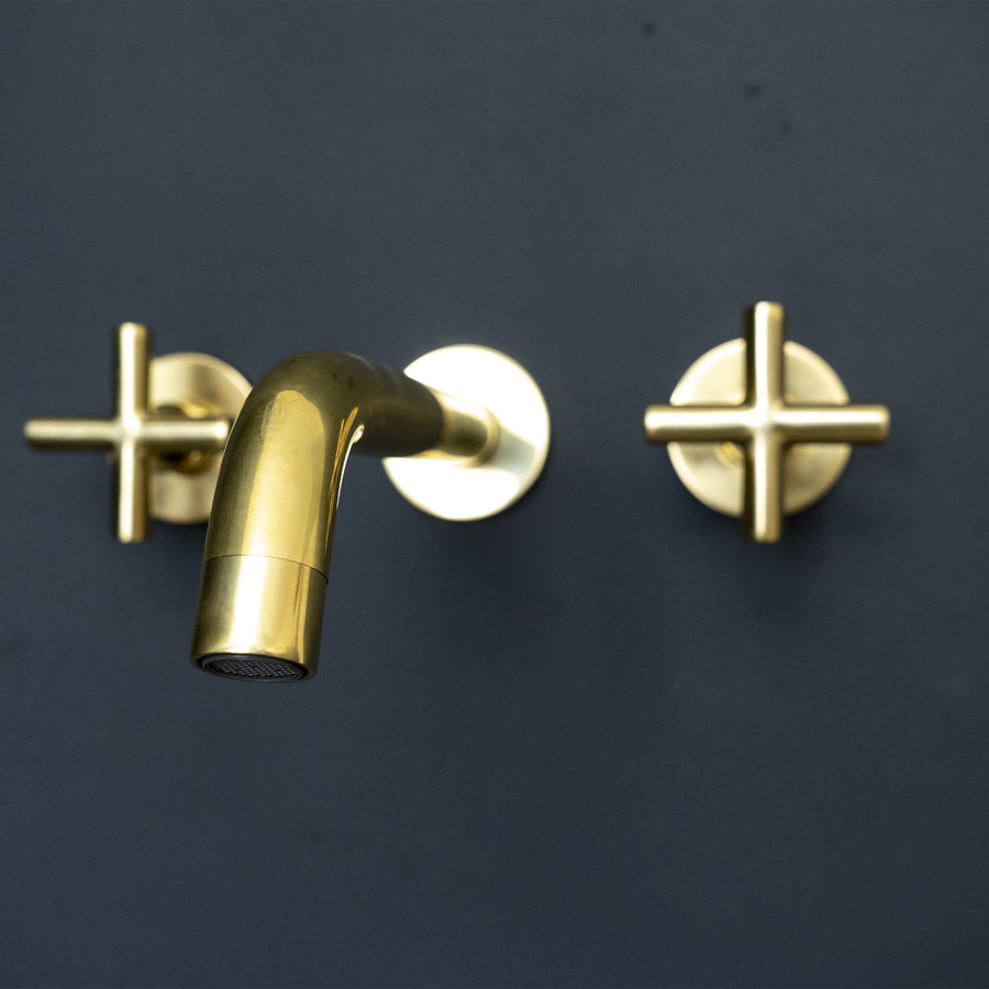 Unlacquered Brass Wall Mounted Faucet For Kitchen And Bathroom, Handcrafted Wall Mounted Faucet With Corss Handles Aqualux Bathroom Faucet