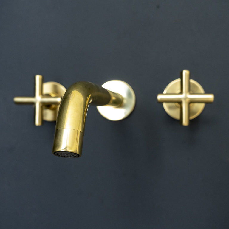 Unlacquered Brass Wall Mounted Faucet For Kitchen And Bathroom, Handcrafted Wall Mounted Faucet With Corss Handles Kred Wall Mounted Faucet