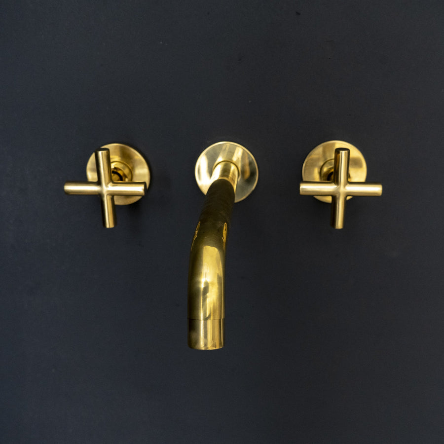 Unlacquered Brass Wall Mounted Faucet For Kitchen And Bathroom, Handcrafted Wall Mounted Faucet With Corss Handles Aqualux Bathroom Faucet