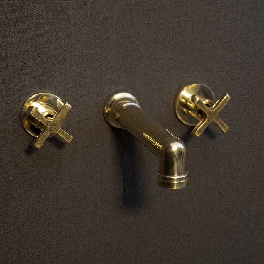 Unlacquered Brass Wall Mounted Faucet With Flat Cross Handles, Brass Faucet For Kitchen And Bathroom Wall Mounted Faucet X