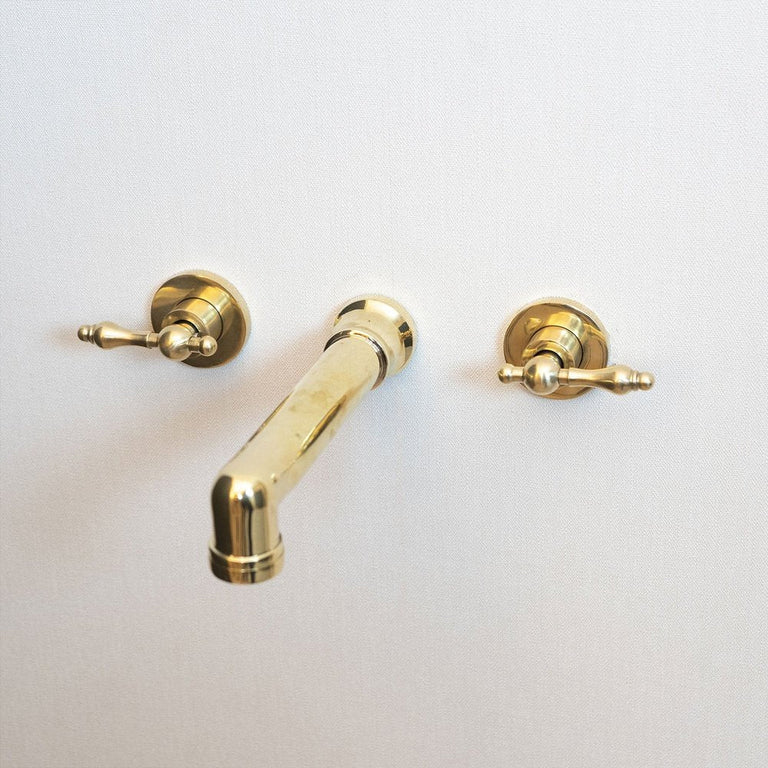 Natural Brass Faucet For Kitchen And Bathroom, Unlacquered Brass Wall Mounted Faucet With Lever Handles Unlacquered Brass Wall Mounted Faucet With Lever Handles