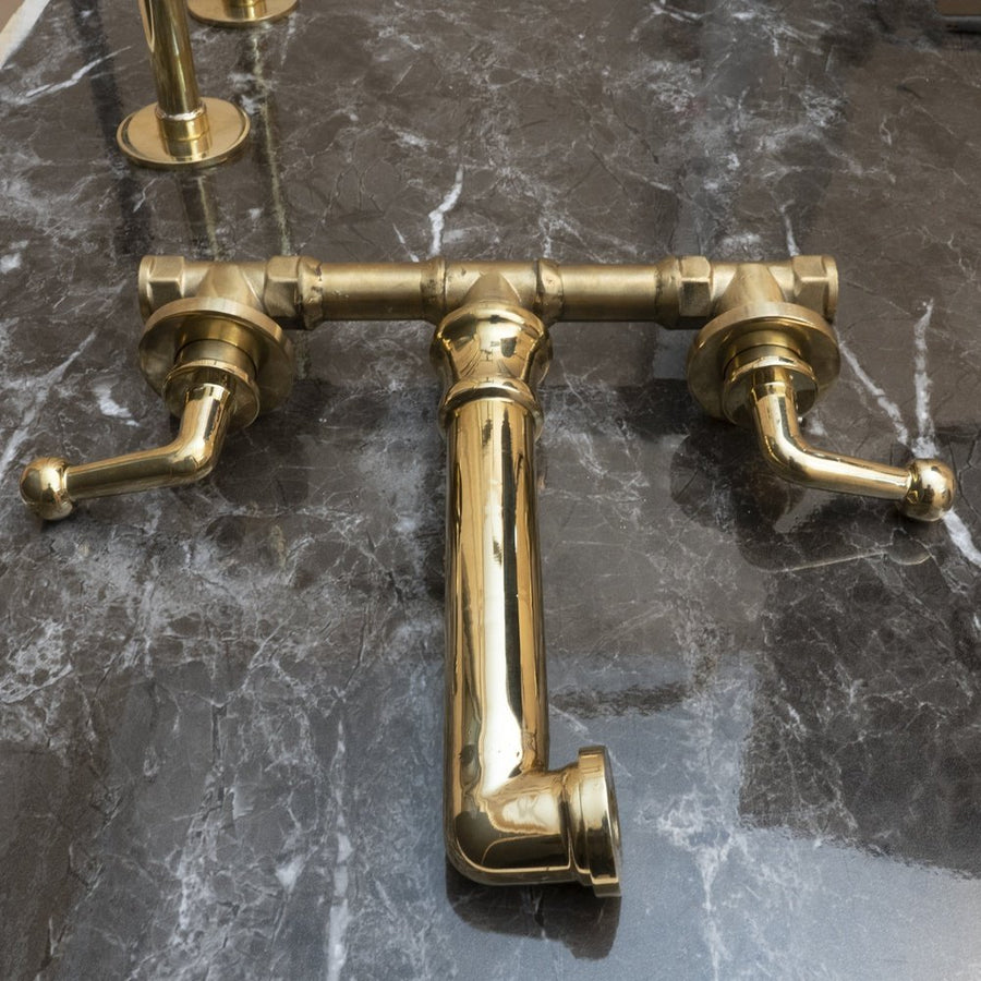 Unlacquered Brass Wall Mounted Faucet With Lever Handles, Brass Faucet For Kitchen And Bathroom Mimo Wall Mounted Faucet