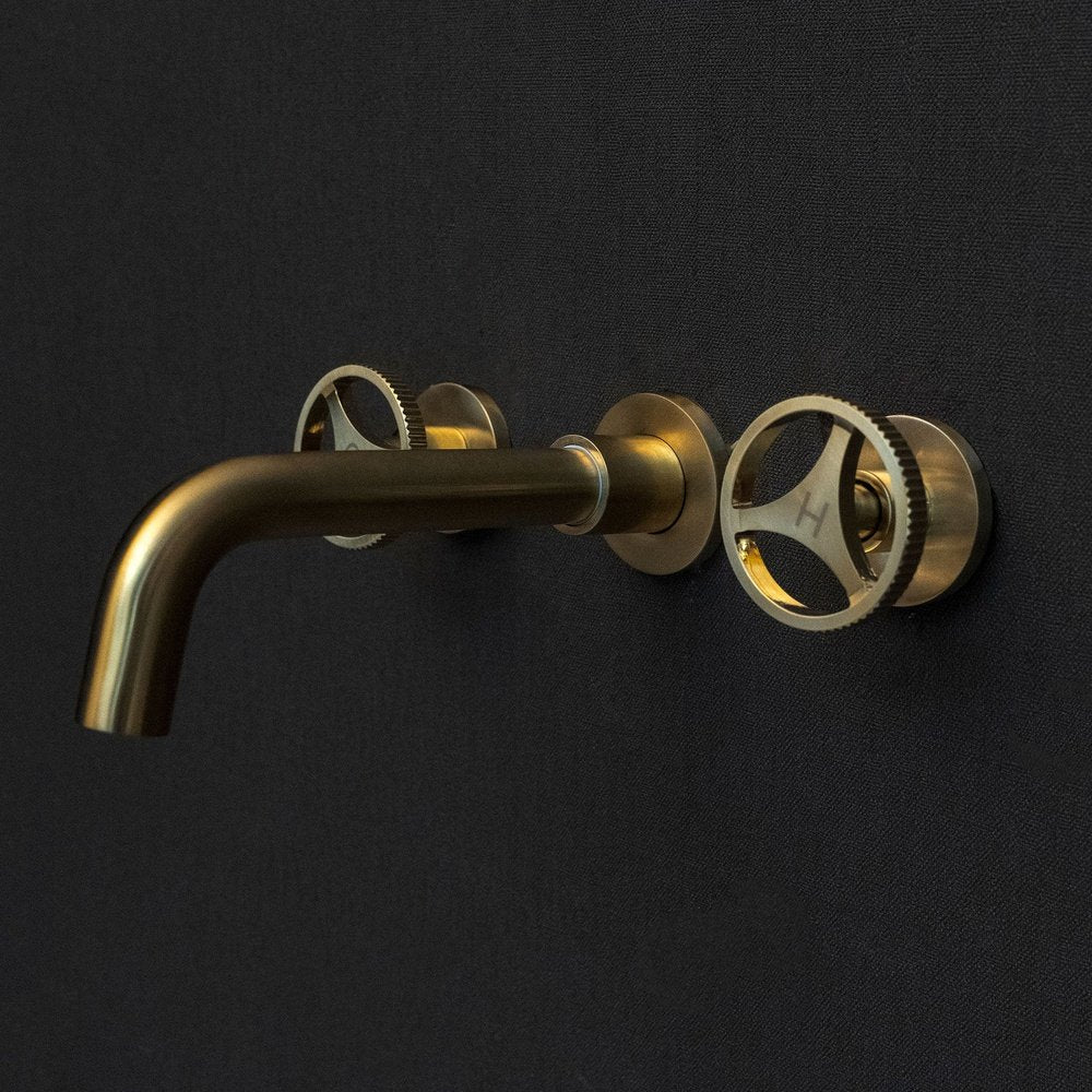 Handcrafted Solid Brass Wall Mounted Bath Faucet | Brassna Unlacquered Brass Wall Mounted Faucet With Round Handles