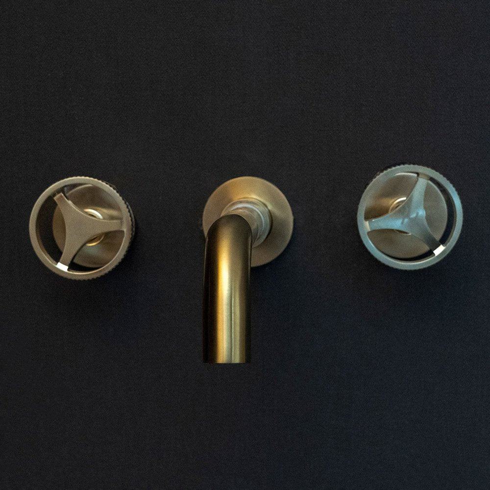 Handcrafted Solid Brass Wall Mounted Bath Faucet | Brassna Unlacquered Brass Wall Mounted Faucet With Round Handles