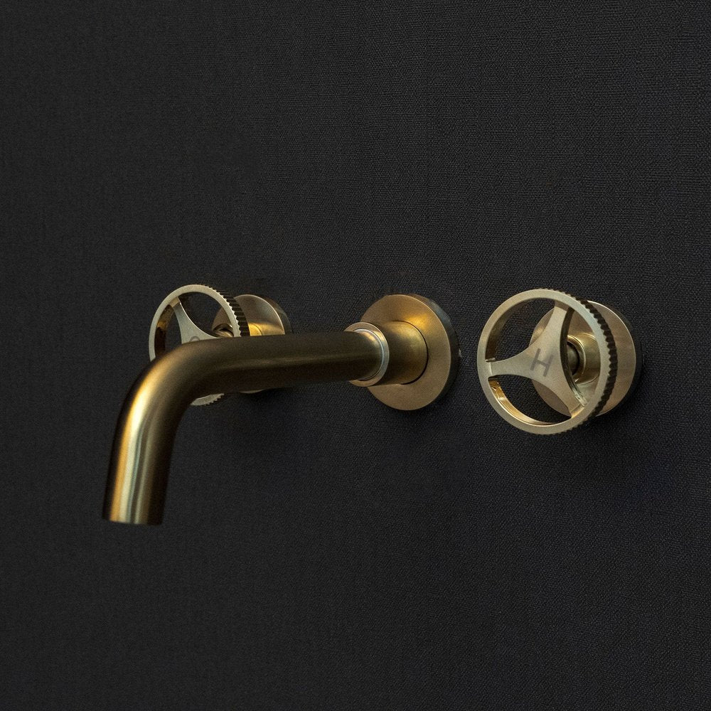 Handcrafted Solid Brass Wall Mounted Bath Faucet | Brassna Unlacquered Brass Wall Mounted Faucet With Round Handles