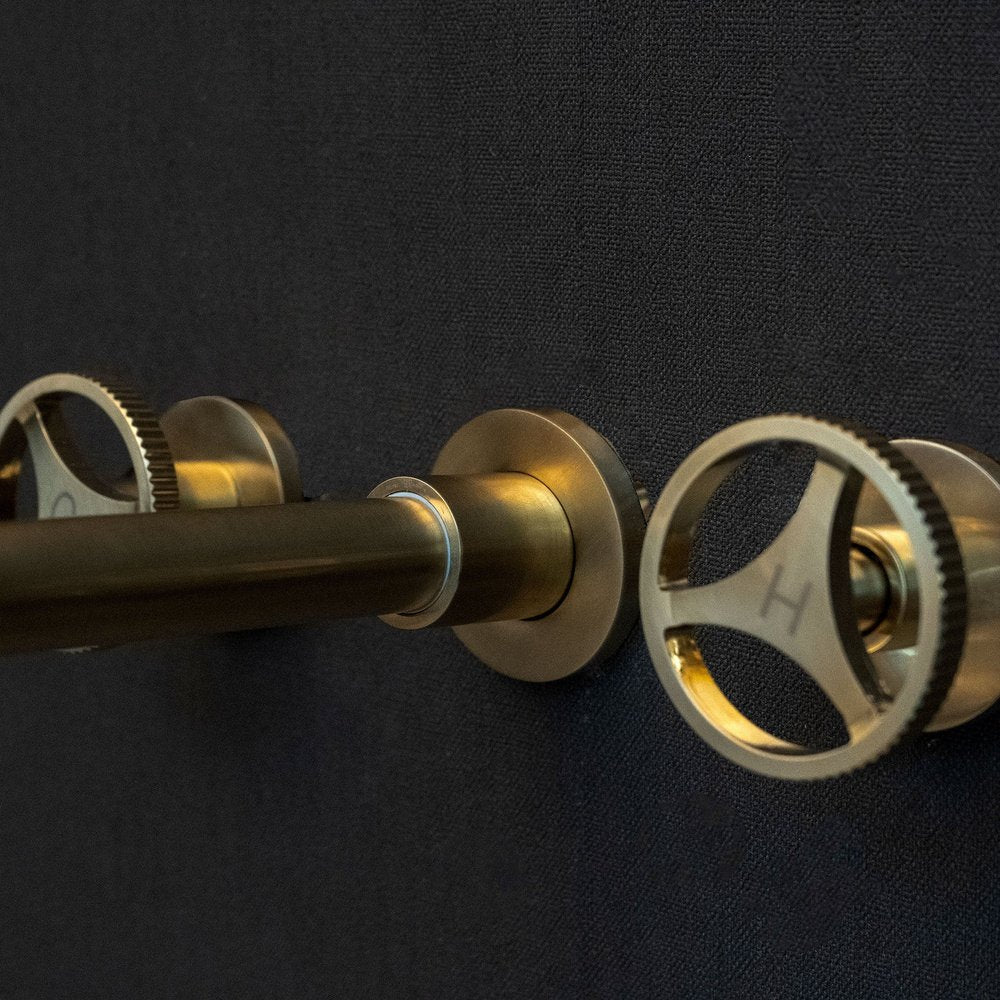 Handcrafted Solid Brass Wall Mounted Bath Faucet | Brassna Unlacquered Brass Wall Mounted Faucet With Round Handles