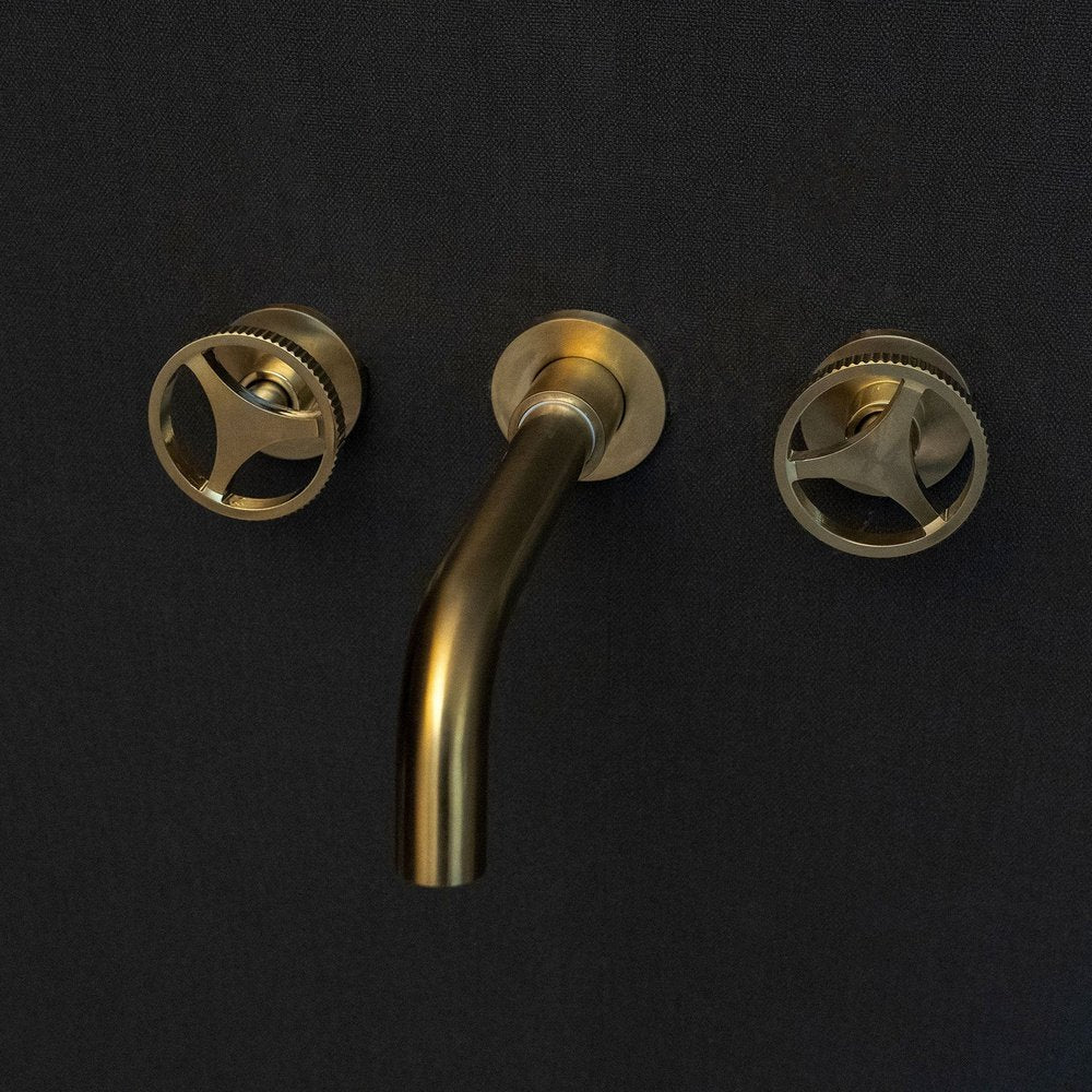 Handcrafted Solid Brass Wall Mounted Bath Faucet | Brassna Unlacquered Brass Wall Mounted Faucet With Round Handles