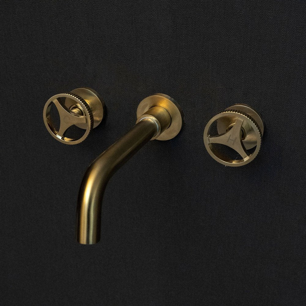 Handcrafted Solid Brass Wall Mounted Bath Faucet | Brassna Unlacquered Brass Wall Mounted Faucet With Round Handles