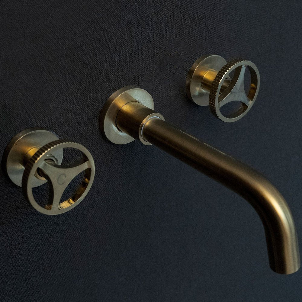 Handcrafted Solid Brass Wall Mounted Bath Faucet | Brassna Unlacquered Brass Wall Mounted Faucet With Round Handles