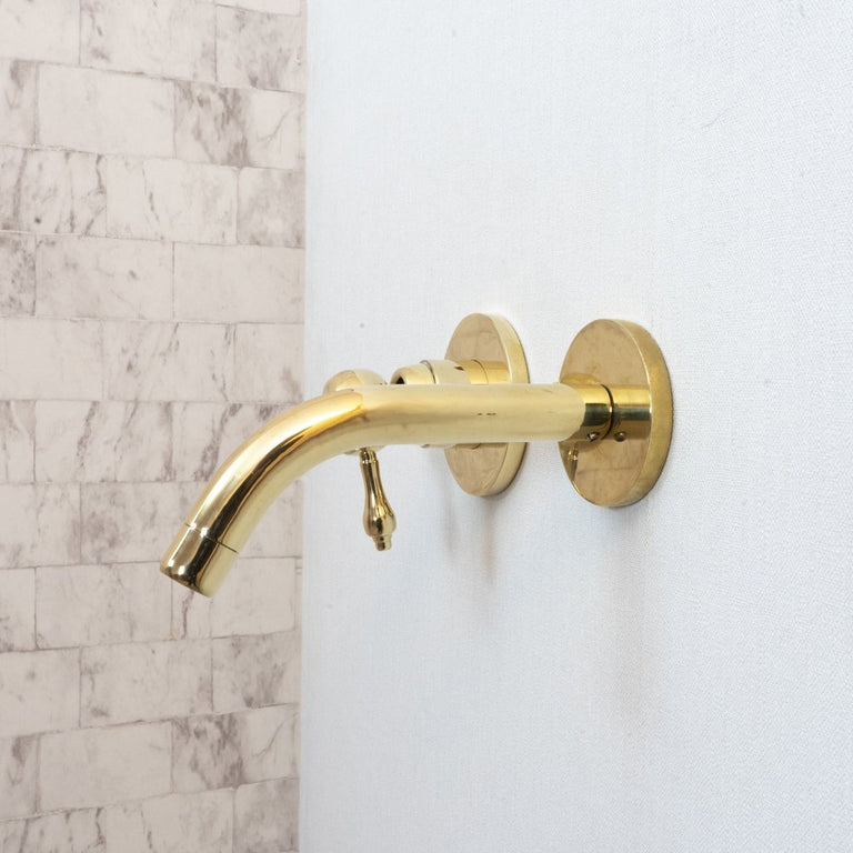 Unlacquered Brass Wall Mounted Mixer Faucet, Handcrafted Brass Hot and Cold Lever Handle Tap Unlacquered Brass Wall Mounted Mixer Faucet