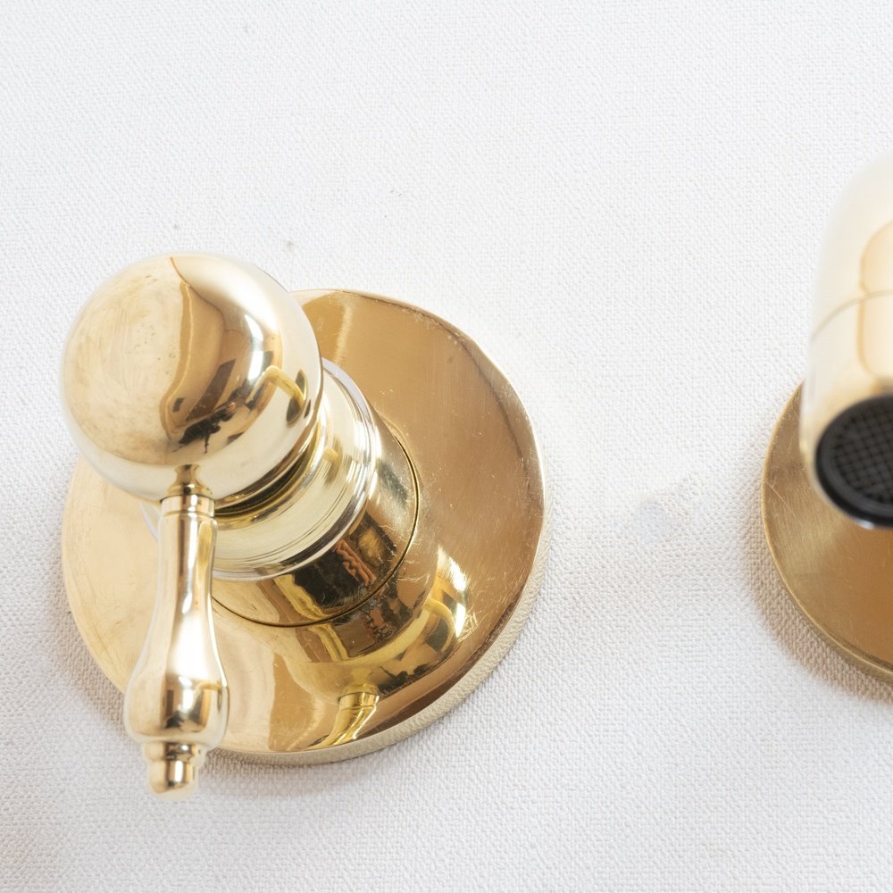 Unlacquered Brass Wall Mounted Mixer Faucet, Handcrafted Brass Hot and Cold Lever Handle Tap Unlacquered Brass Wall Mounted Mixer Faucet