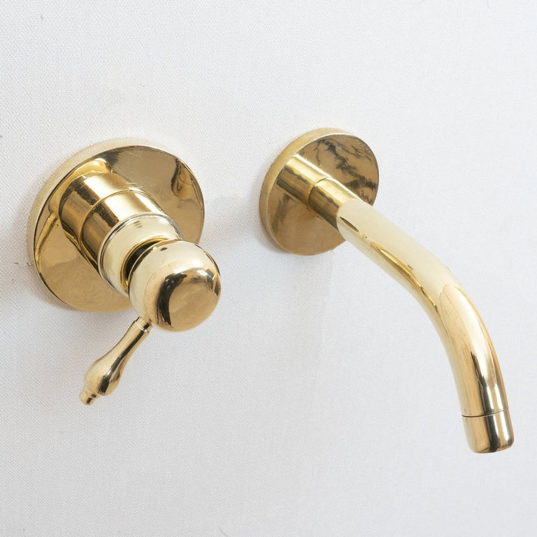 Unlacquered Brass Wall Mounted Mixer Faucet, Handcrafted Brass Hot and Cold Lever Handle Tap Unlacquered Brass Wall Mounted Mixer Faucet