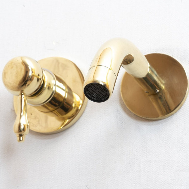 Unlacquered Brass Wall Mounted Mixer Faucet, Handcrafted Brass Hot and Cold Lever Handle Tap Unlacquered Brass Wall Mounted Mixer Faucet