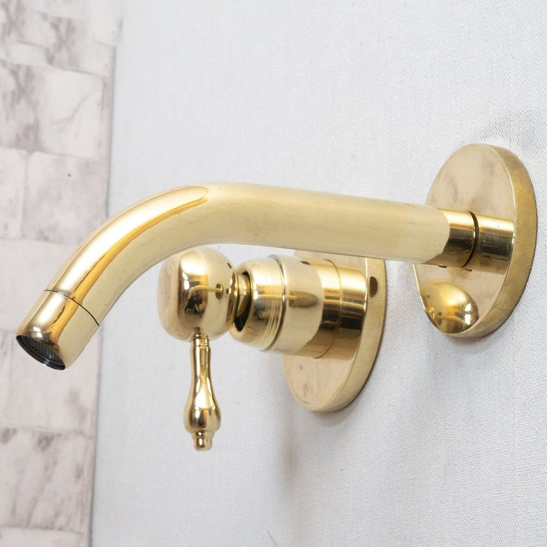 Unlacquered Brass Wall Mounted Mixer Faucet, Handcrafted Brass Hot and Cold Lever Handle Tap Unlacquered Brass Wall Mounted Mixer Faucet