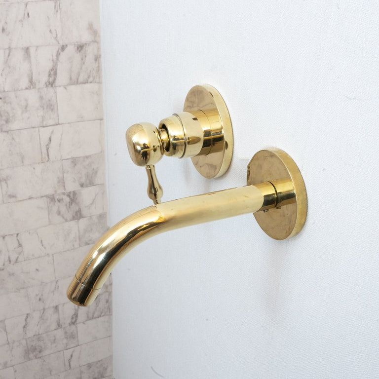 Unlacquered Brass Wall Mounted Mixer Faucet, Handcrafted Brass Hot and Cold Lever Handle Tap Unlacquered Brass Wall Mounted Mixer Faucet