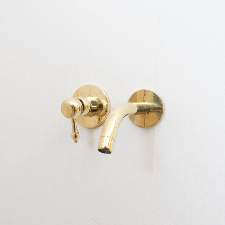 Unlacquered Brass Wall Mounted Mixer Faucet, Handcrafted Brass Hot and Cold Lever Handle Tap Unlacquered Brass Wall Mounted Mixer Faucet