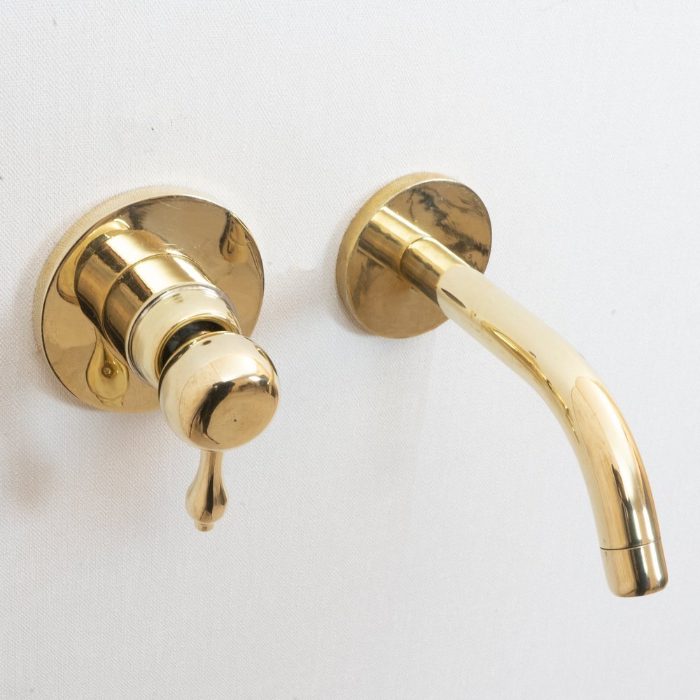 Unlacquered Brass Wall Mounted Mixer Faucet, Handcrafted Brass Hot and Cold Lever Handle Tap Unlacquered Brass Wall Mounted Mixer Faucet